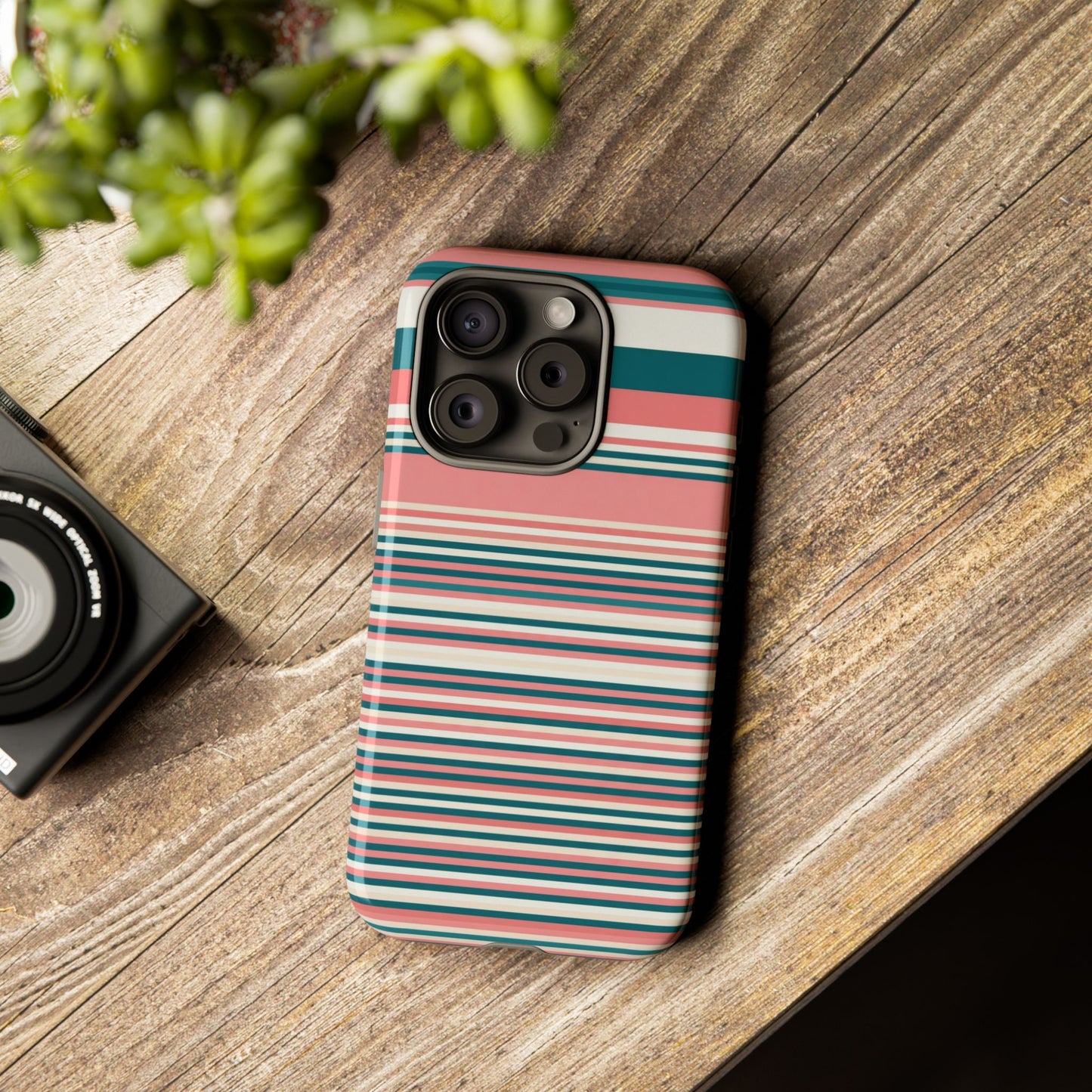 Striped Tough Phone Case — Coral, Teal & White Protective Cover