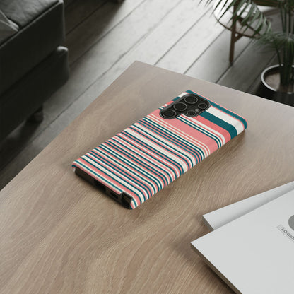 Striped Tough Phone Case — Coral, Teal & White Protective Cover