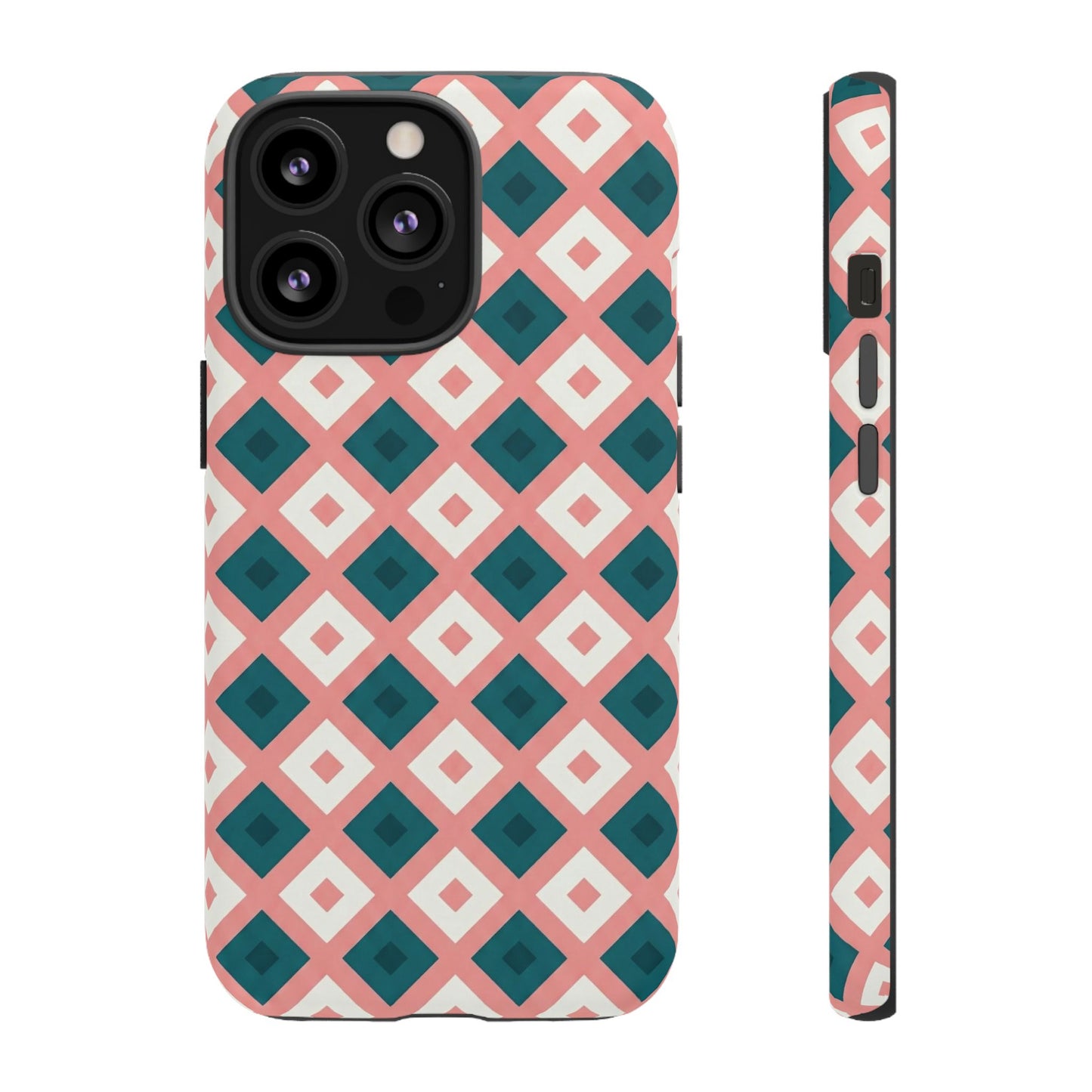 Geometric Diamond Pattern Tough Phone Case — Pink & Teal Protective Cover