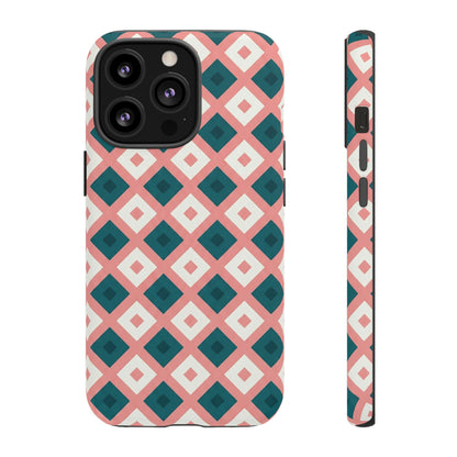 Geometric Diamond Pattern Tough Phone Case — Pink & Teal Protective Cover