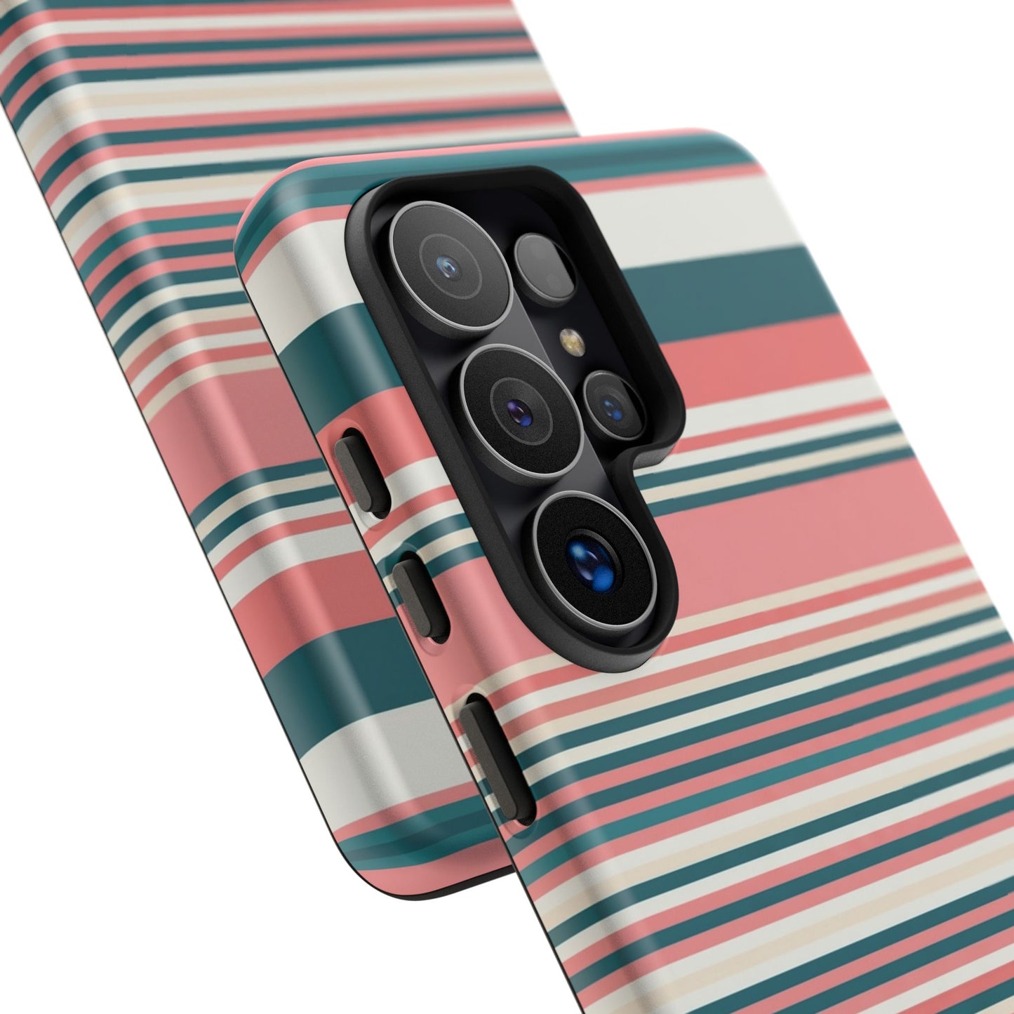Striped Tough Phone Case — Coral, Teal & White Protective Cover