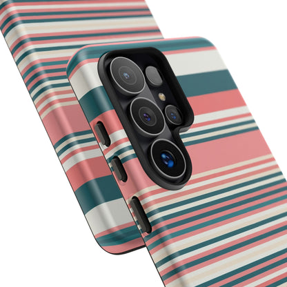 Striped Tough Phone Case — Coral, Teal & White Protective Cover