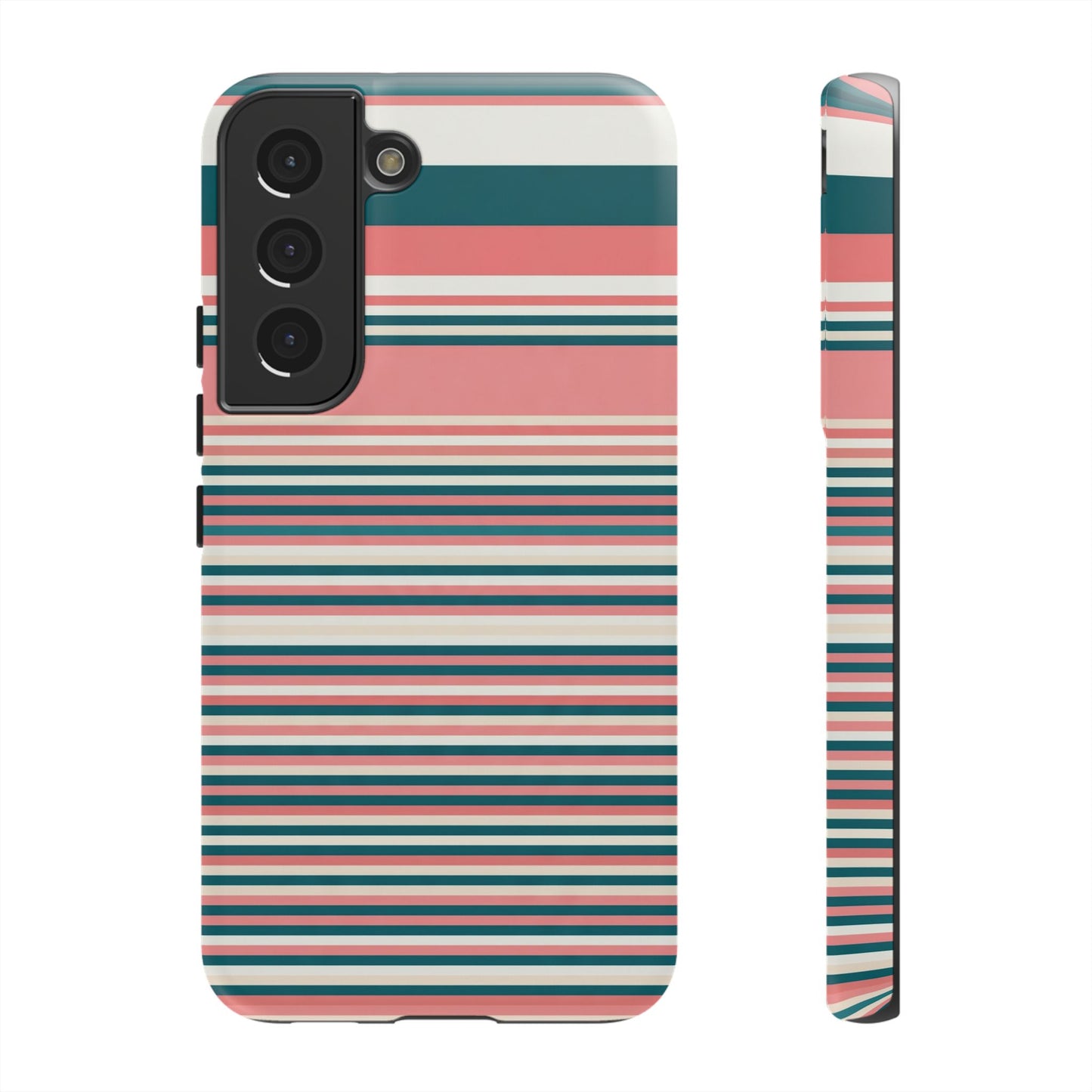 Striped Tough Phone Case — Coral, Teal & White Protective Cover