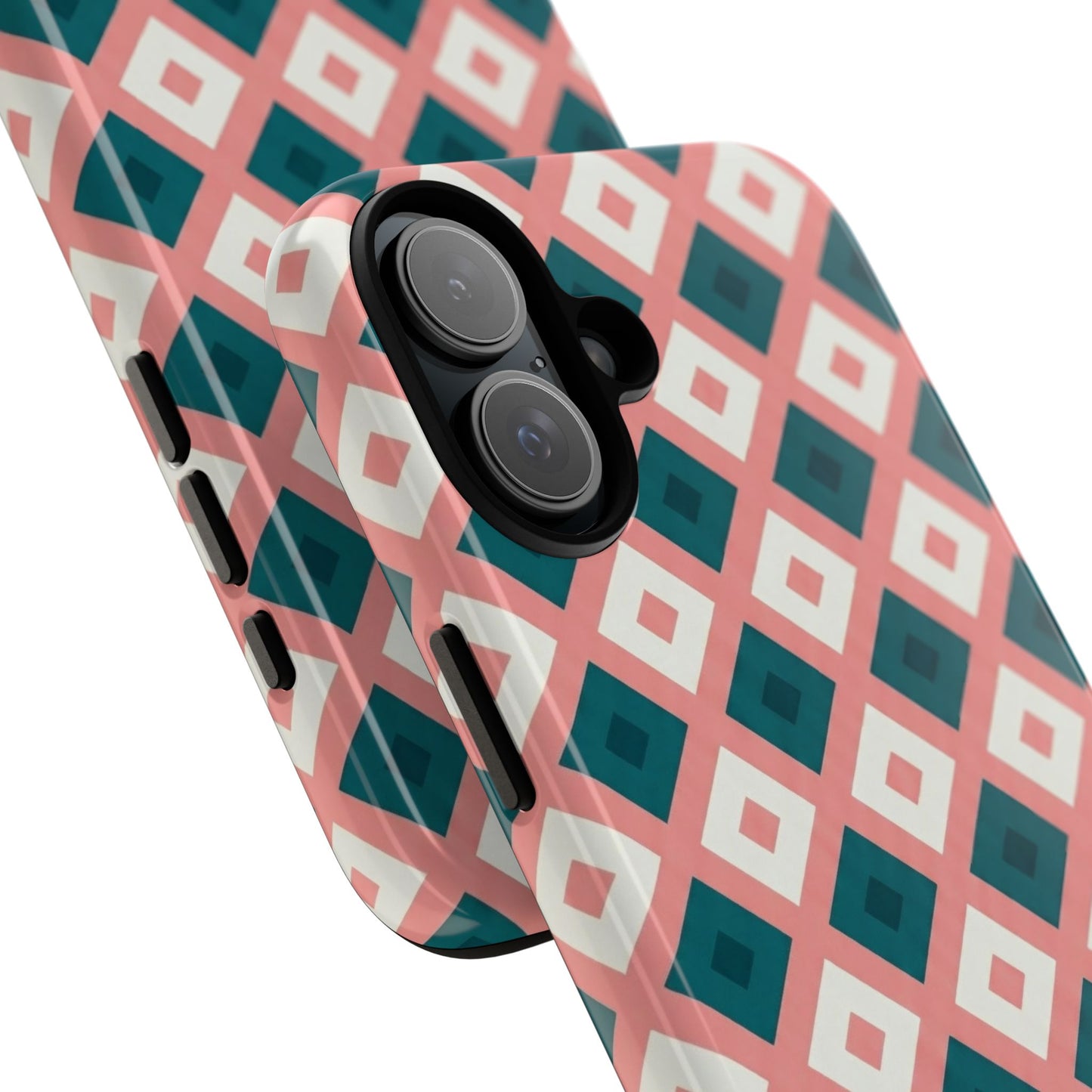 Geometric Diamond Pattern Tough Phone Case — Pink & Teal Protective Cover