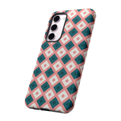 Geometric Diamond Pattern Tough Phone Case — Retro Pink & Teal Protective Cover