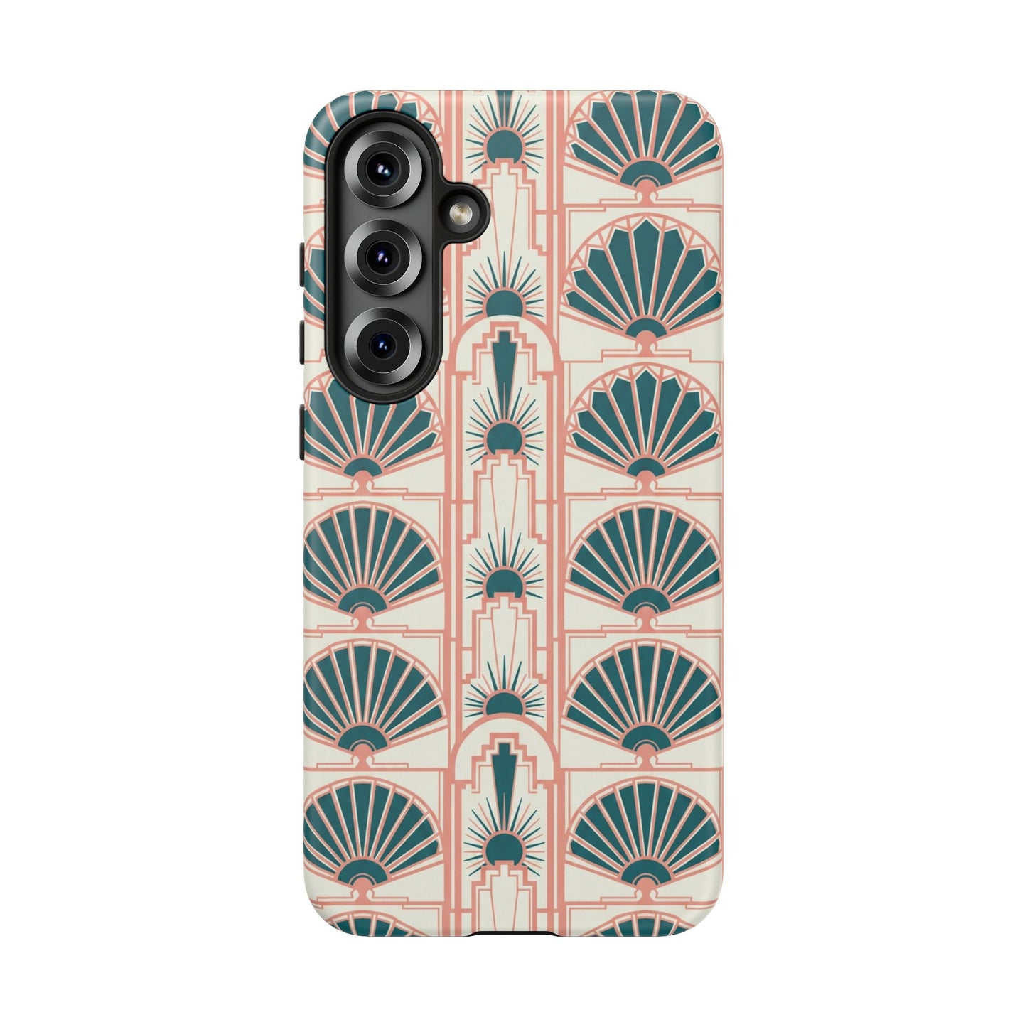 Art Deco Fan Pattern Tough Phone Case — Teal & Blush Retro Protection