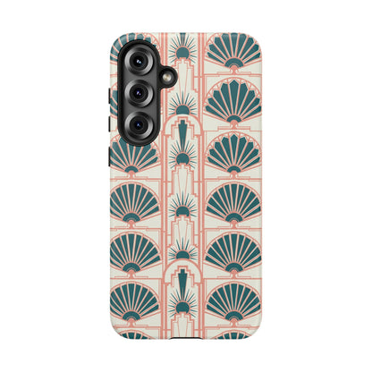 Art Deco Fan Pattern Tough Phone Case — Teal & Blush Retro Protection
