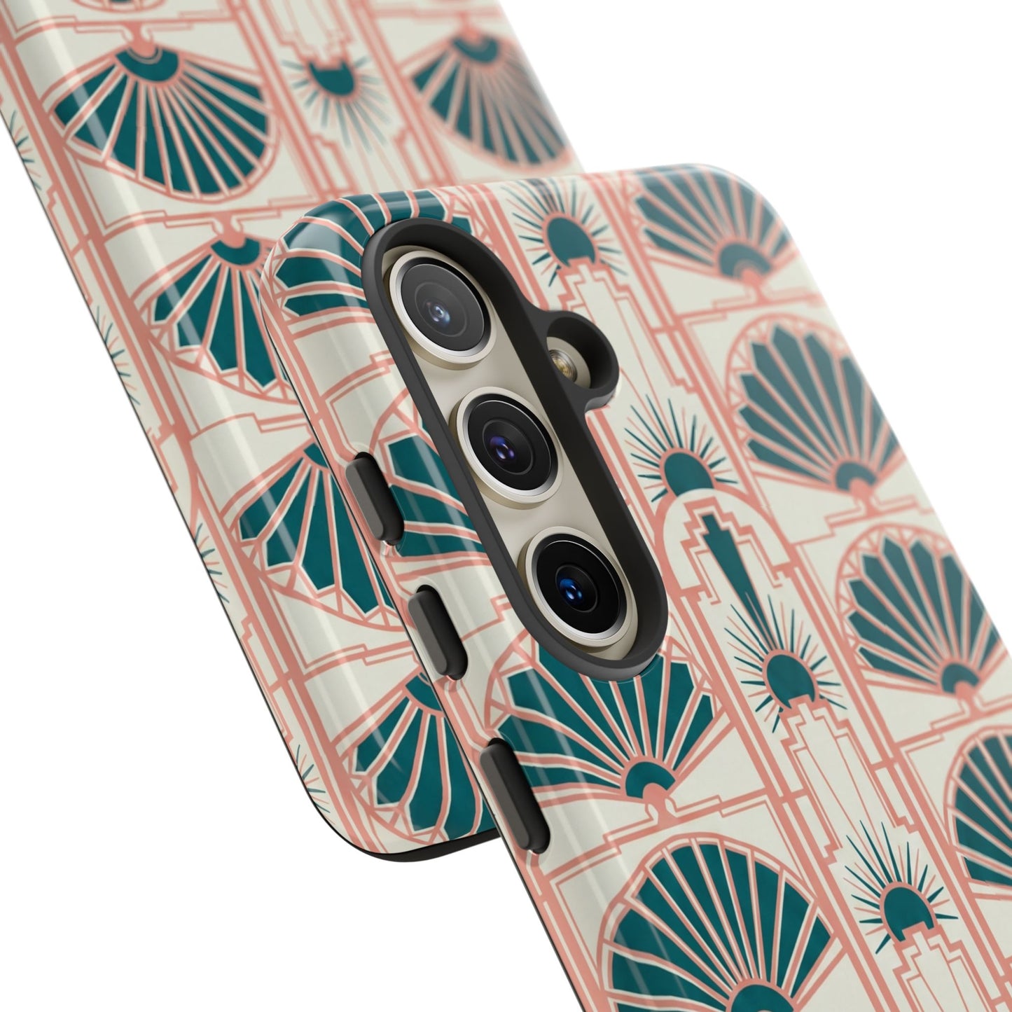 Art Deco Fan Pattern Tough Phone Case — Teal & Blush Retro Protection