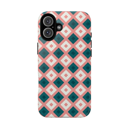 Geometric Diamond Pattern Tough Phone Case — Pink & Teal Protective Cover