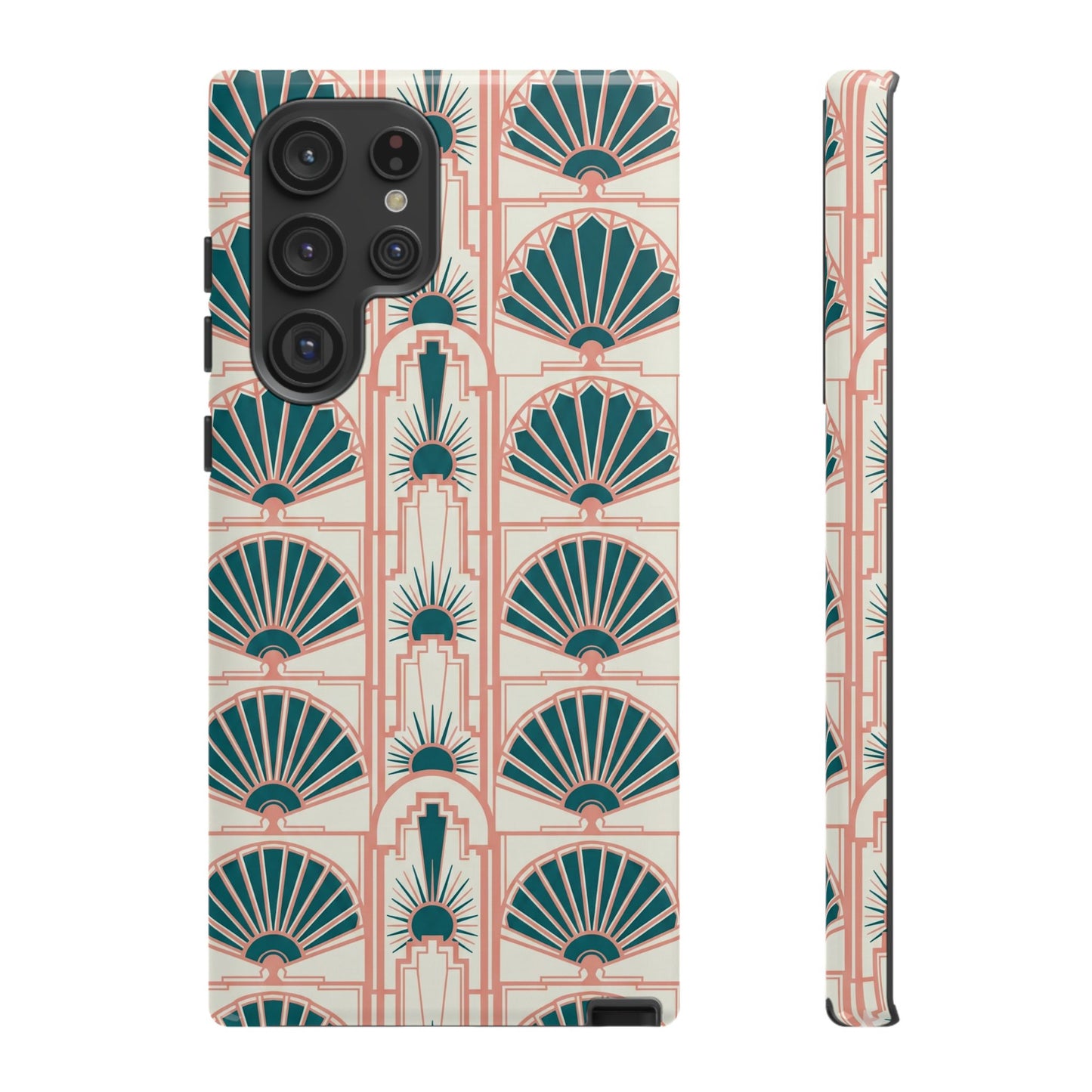 Art Deco Fan Pattern Tough Phone Case — Teal & Blush Retro Protection