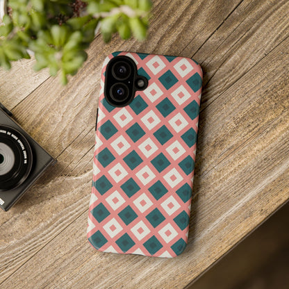 Geometric Diamond Pattern Tough Phone Case — Pink & Teal Protective Cover