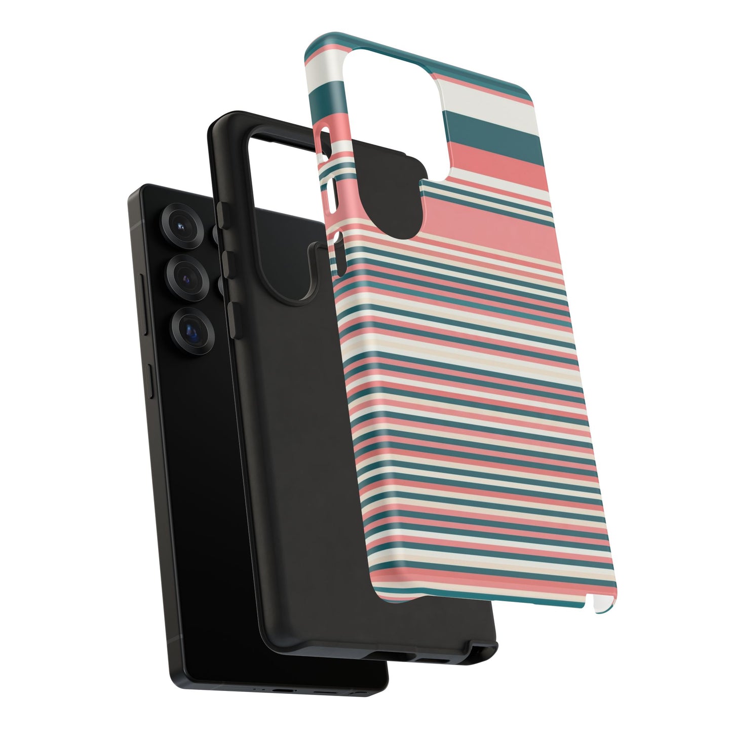 Striped Tough Phone Case — Coral, Teal & White Protective Cover