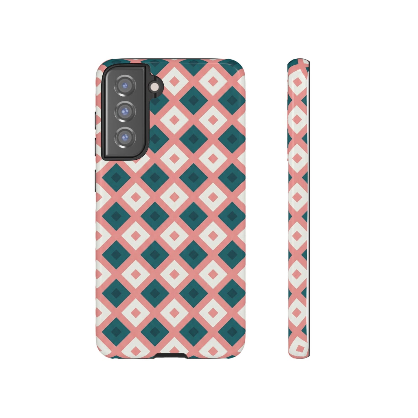 Geometric Diamond Pattern Tough Phone Case — Retro Pink & Teal Protective Cover
