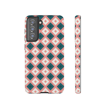 Geometric Diamond Pattern Tough Phone Case — Retro Pink & Teal Protective Cover