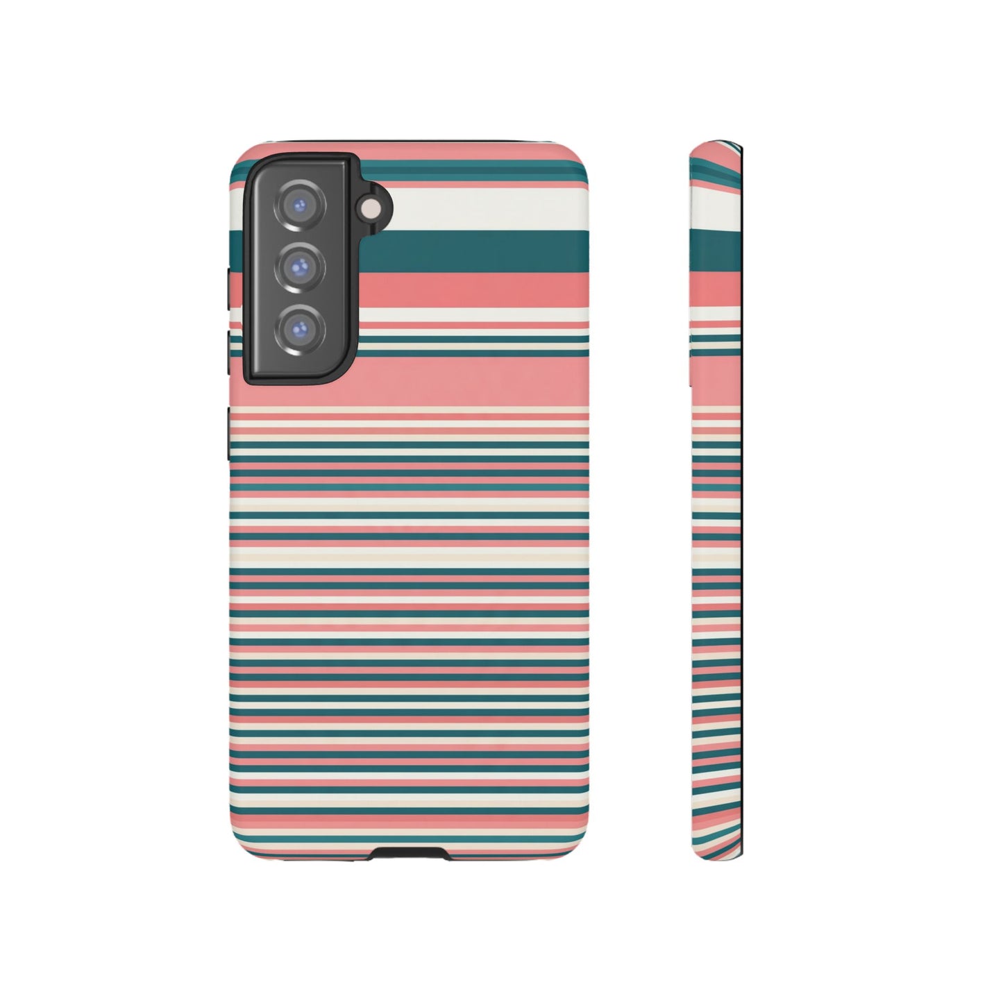 Striped Tough Phone Case — Coral, Teal & White Protective Cover