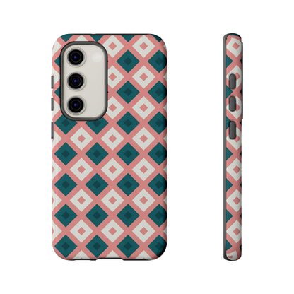 Geometric Diamond Pattern Tough Phone Case — Retro Pink & Teal Protective Cover