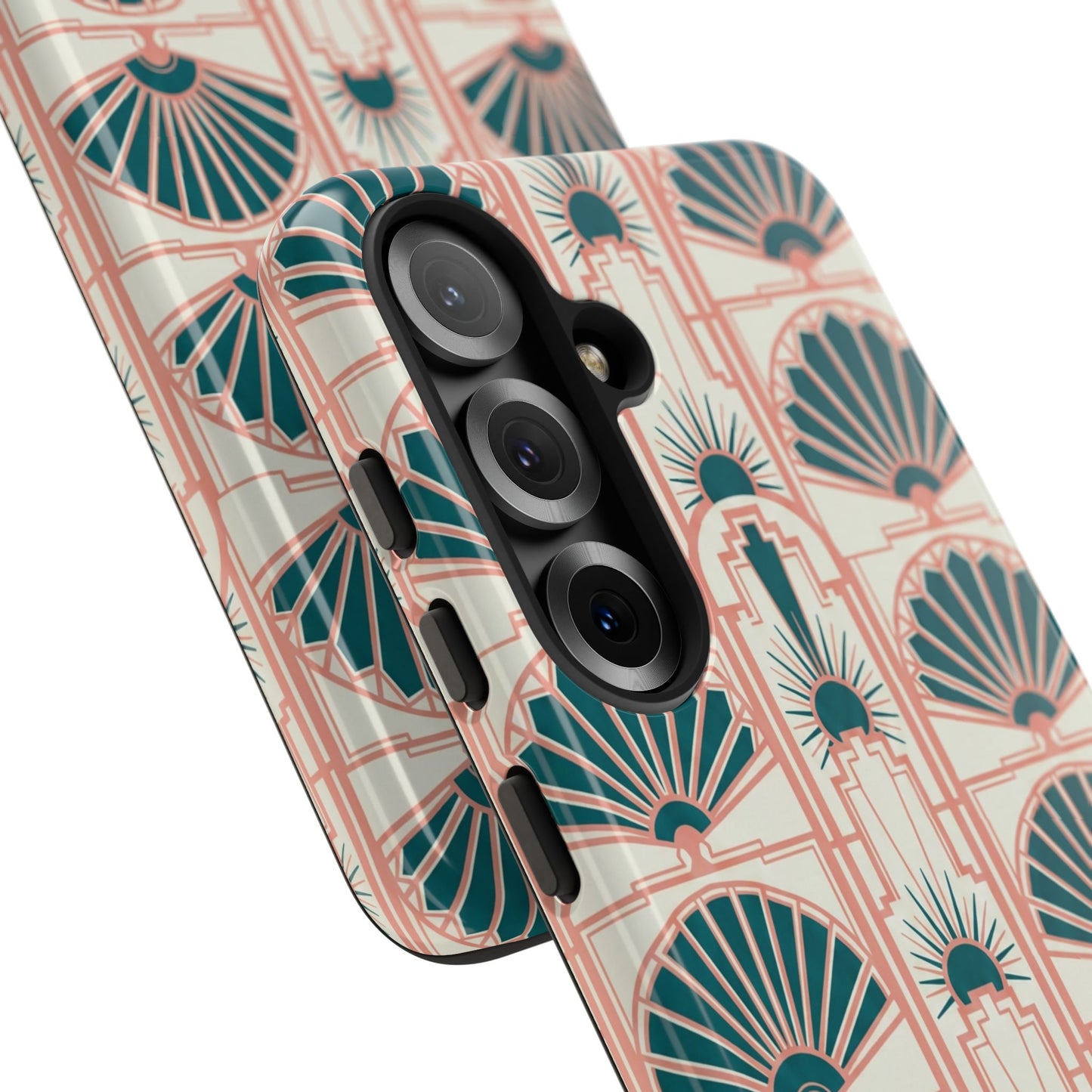 Art Deco Fan Pattern Tough Phone Case — Teal & Blush Retro Protection