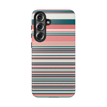 Striped Tough Phone Case — Coral, Teal & White Protective Cover