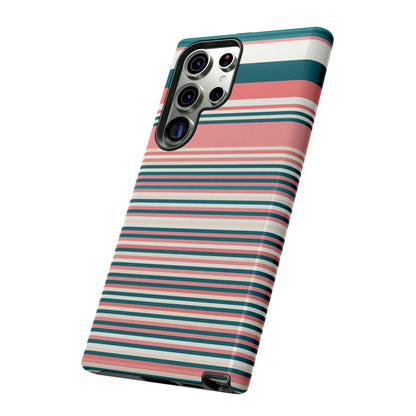 Striped Tough Phone Case — Coral, Teal & White Protective Cover