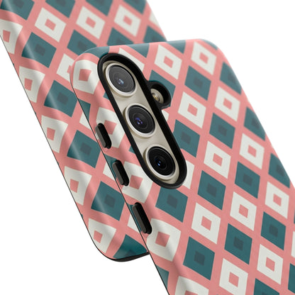 Geometric Diamond Pattern Tough Phone Case — Retro Pink & Teal Protective Cover
