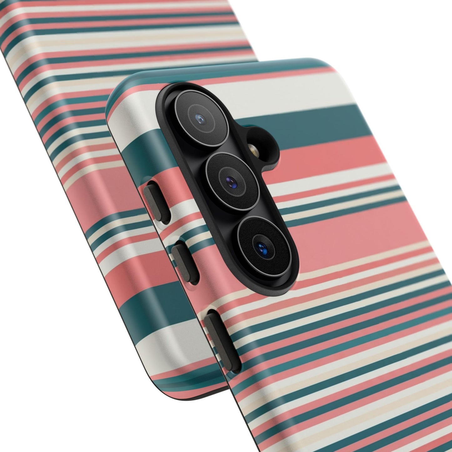 Striped Tough Phone Case — Coral, Teal & White Protective Cover