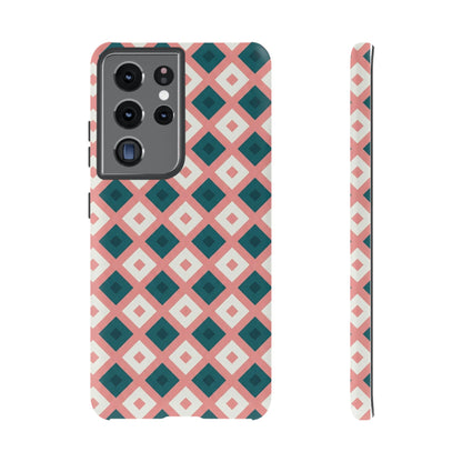 Geometric Diamond Pattern Tough Phone Case — Retro Pink & Teal Protective Cover