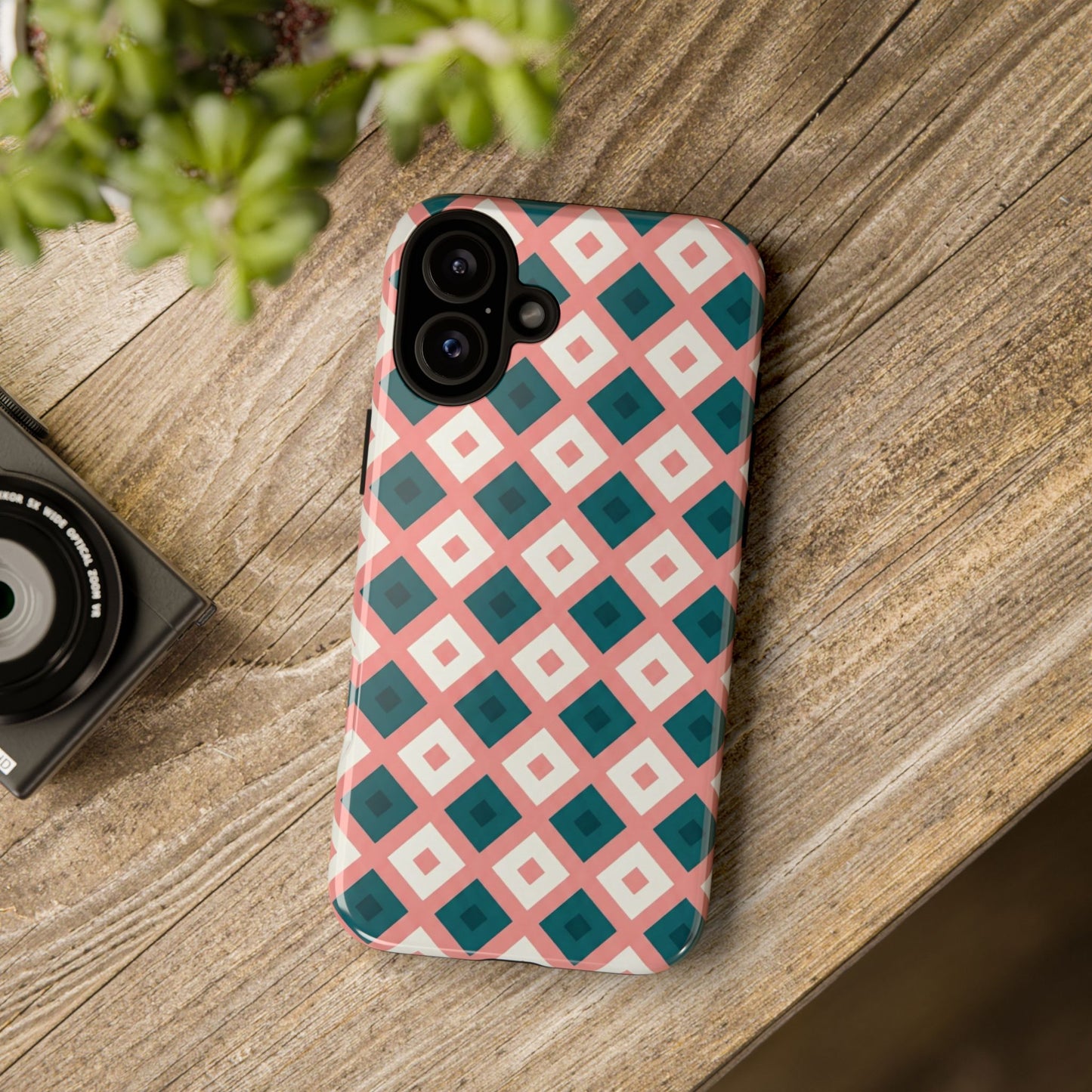 Geometric Diamond Pattern Tough Phone Case — Pink & Teal Protective Cover