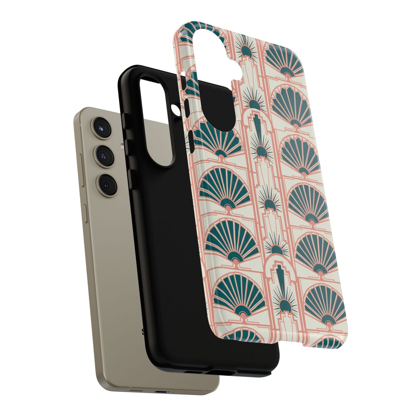 Art Deco Fan Pattern Tough Phone Case — Teal & Blush Retro Protection