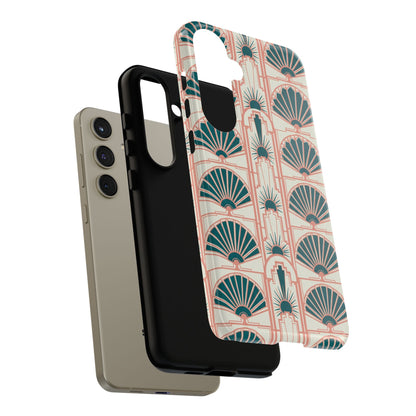 Art Deco Fan Pattern Tough Phone Case — Teal & Blush Retro Protection