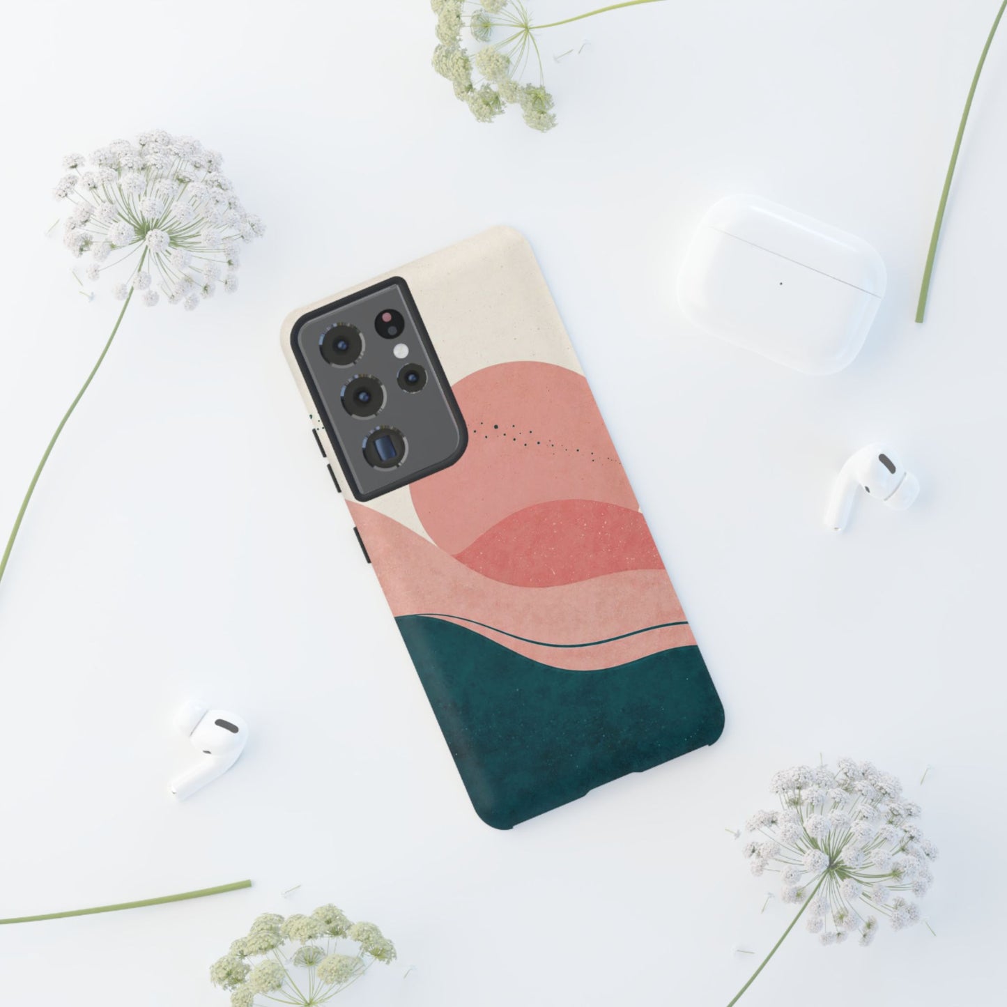 Abstract Sunset Waves Tough Phone Case — Pink & Teal Protective Cover