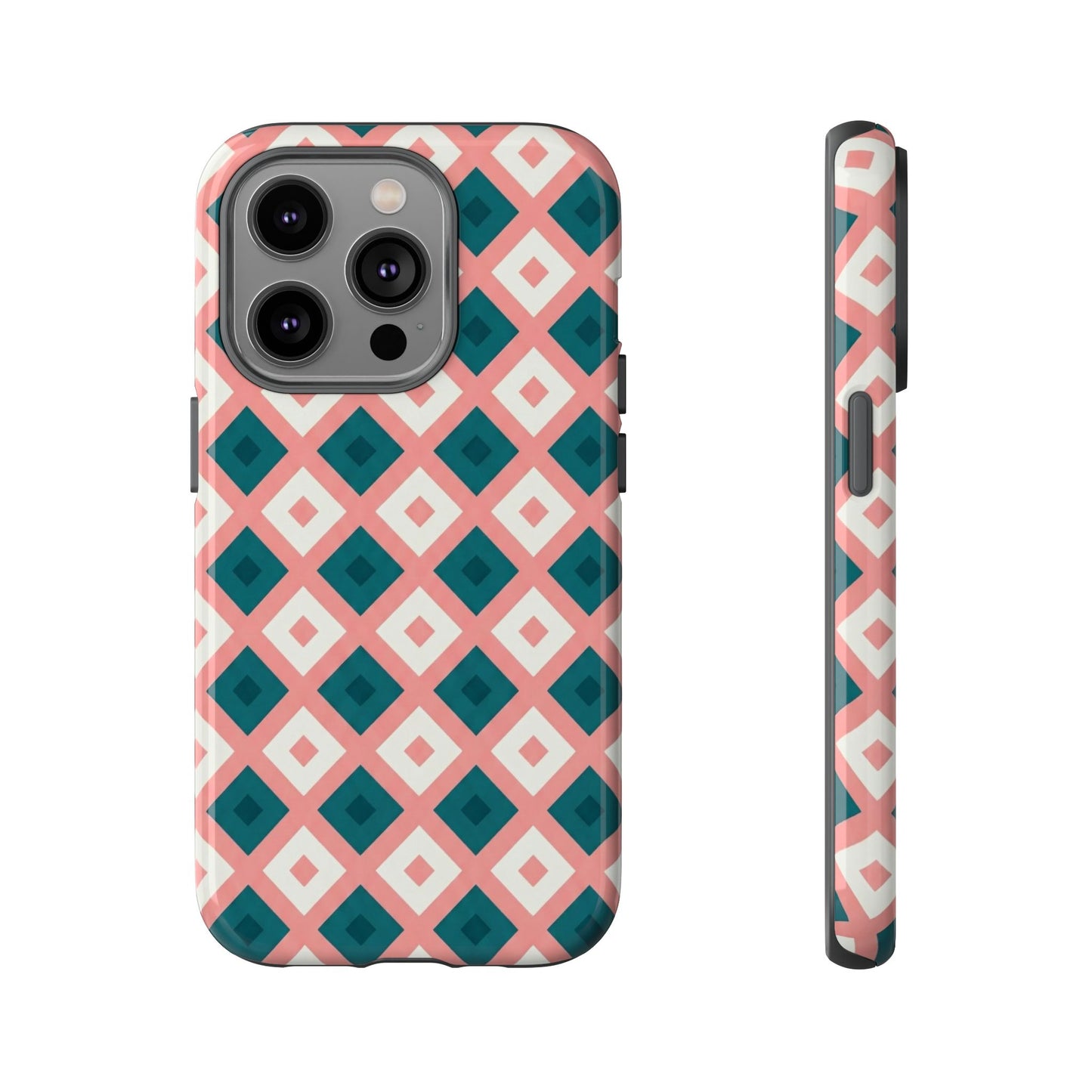 Geometric Diamond Pattern Tough Phone Case — Pink & Teal Protective Cover