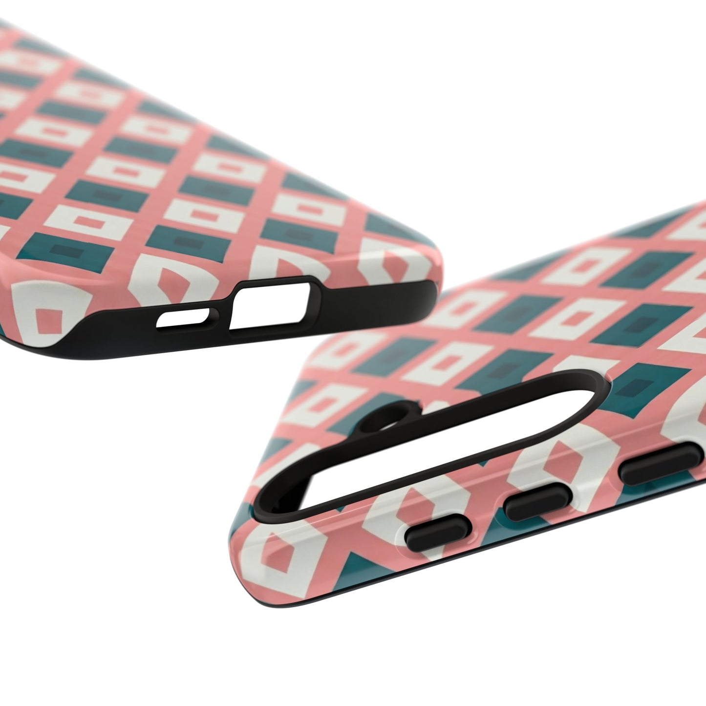 Geometric Diamond Pattern Tough Phone Case — Retro Pink & Teal Protective Cover