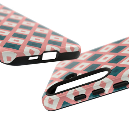 Geometric Diamond Pattern Tough Phone Case — Retro Pink & Teal Protective Cover