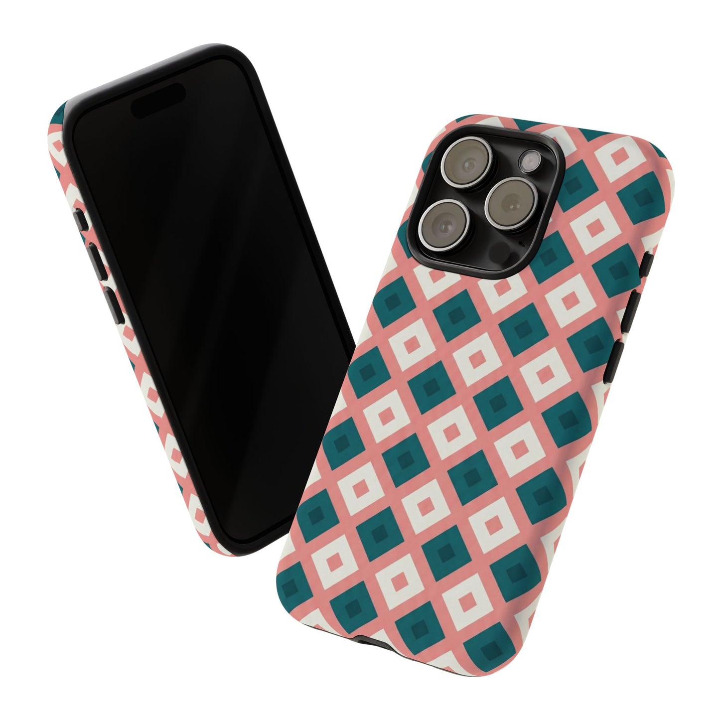 Geometric Diamond Pattern Tough Phone Case — Pink & Teal Protective Cover