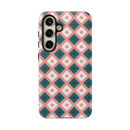 Geometric Diamond Pattern Tough Phone Case — Retro Pink & Teal Protective Cover