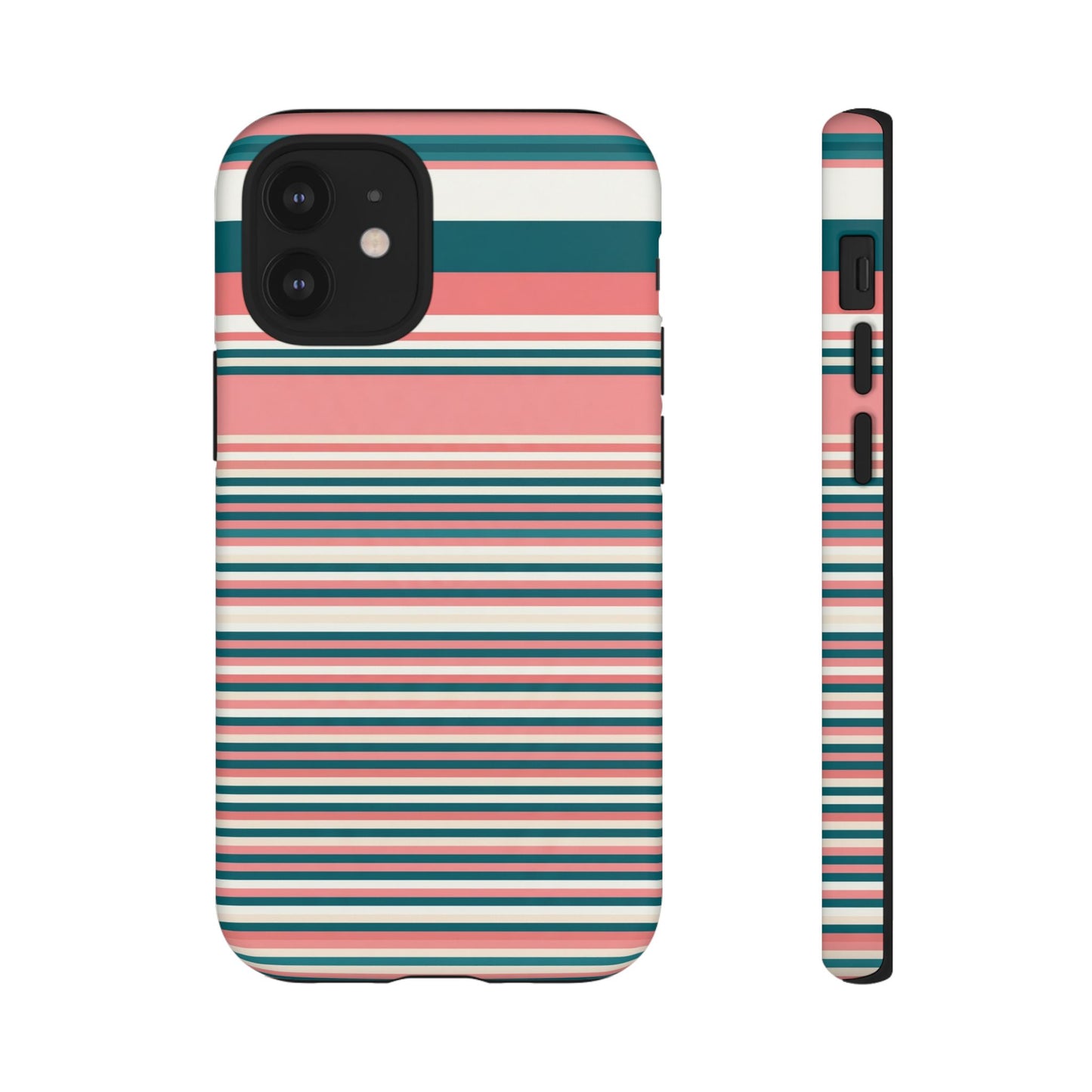 Striped Tough Phone Case — Coral, Teal & White Protective Cover