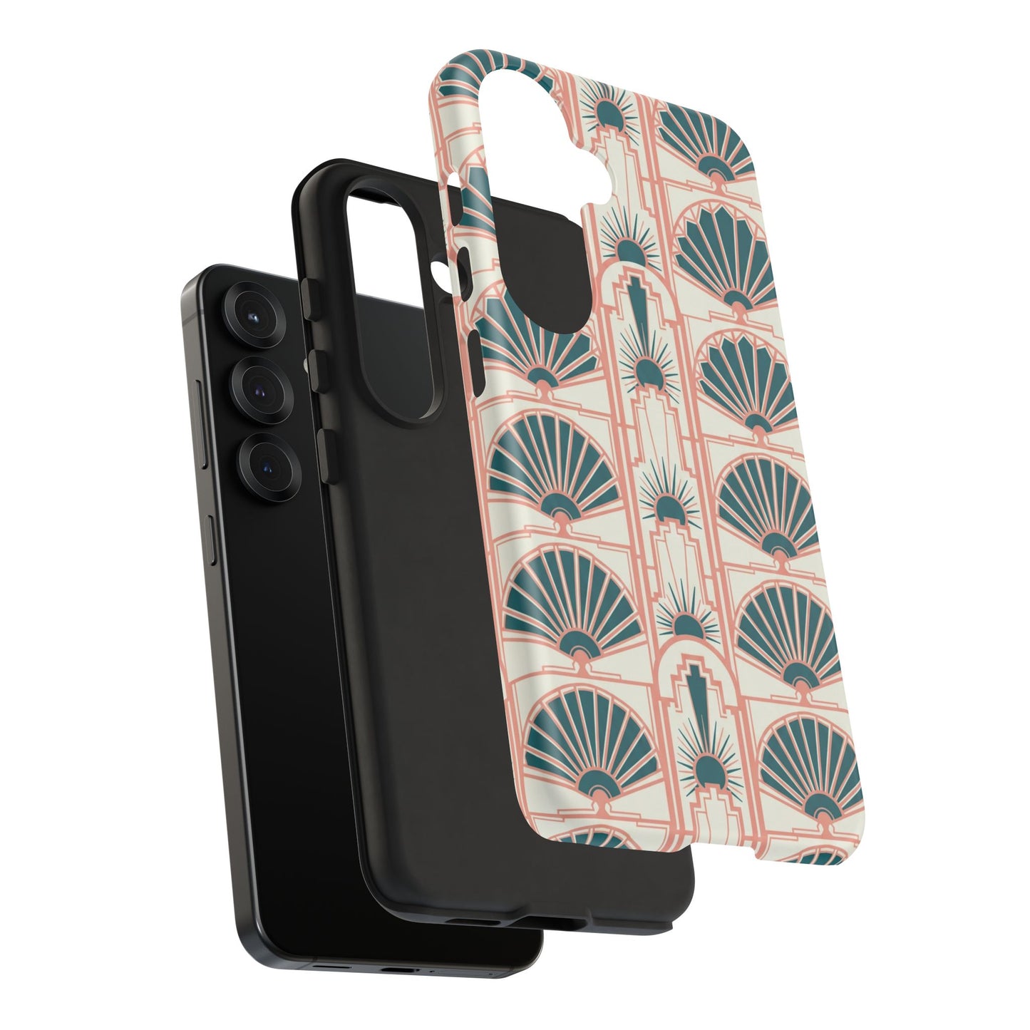 Art Deco Fan Pattern Tough Phone Case — Teal & Blush Retro Protection