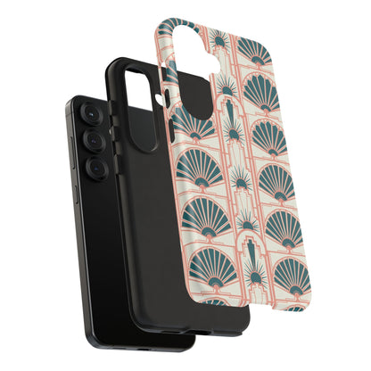 Art Deco Fan Pattern Tough Phone Case — Teal & Blush Retro Protection