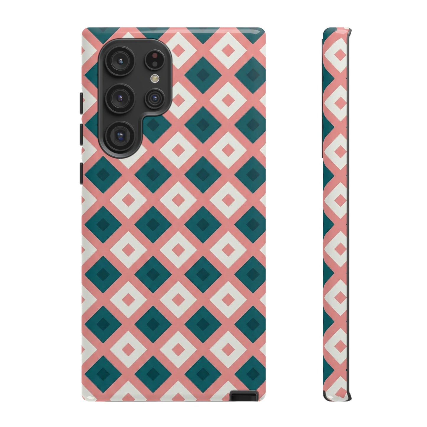 Geometric Diamond Pattern Tough Phone Case — Retro Pink & Teal Protective Cover