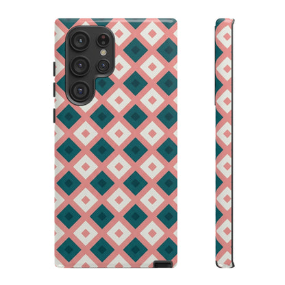 Geometric Diamond Pattern Tough Phone Case — Retro Pink & Teal Protective Cover