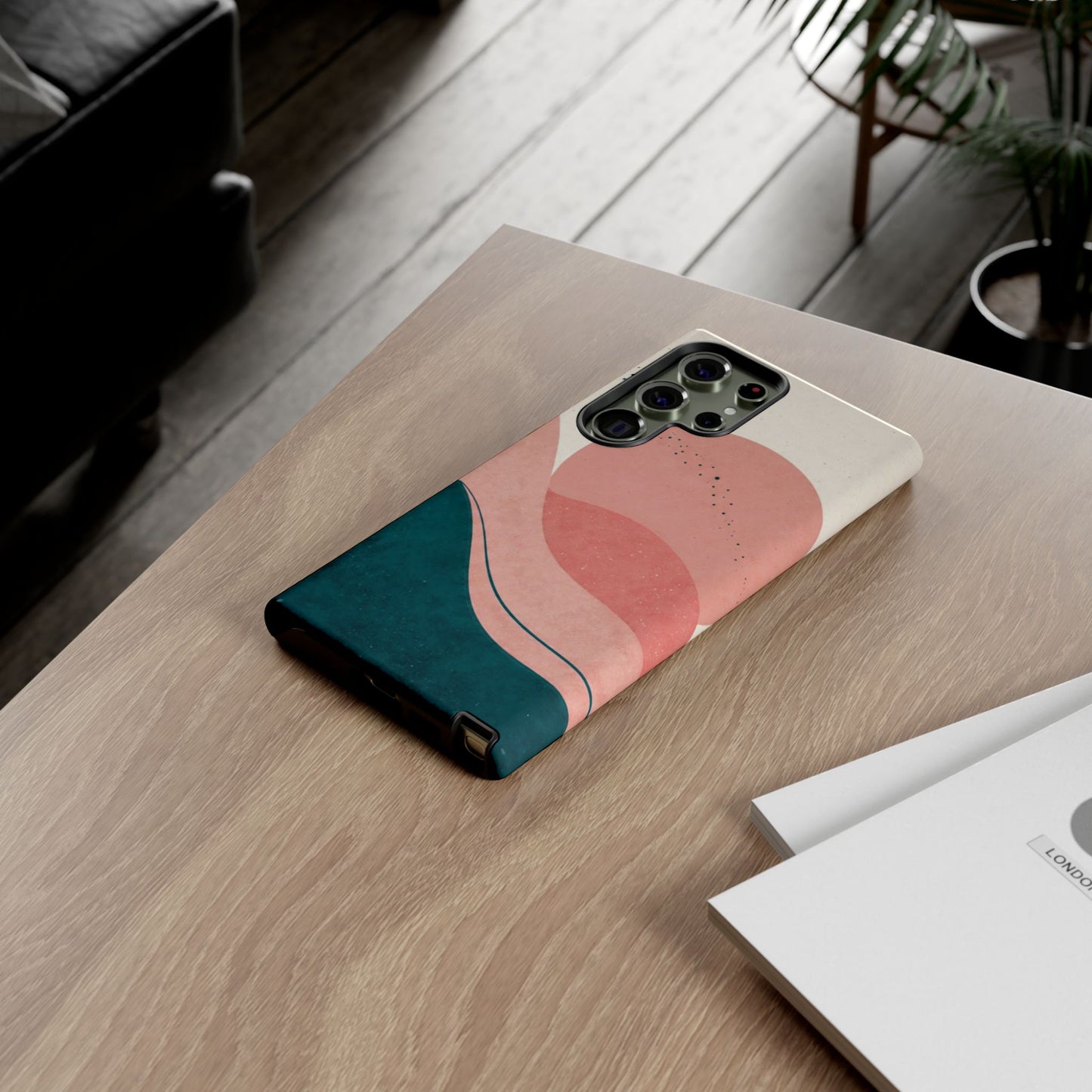 Abstract Sunset Waves Tough Phone Case — Pink & Teal Protective Cover