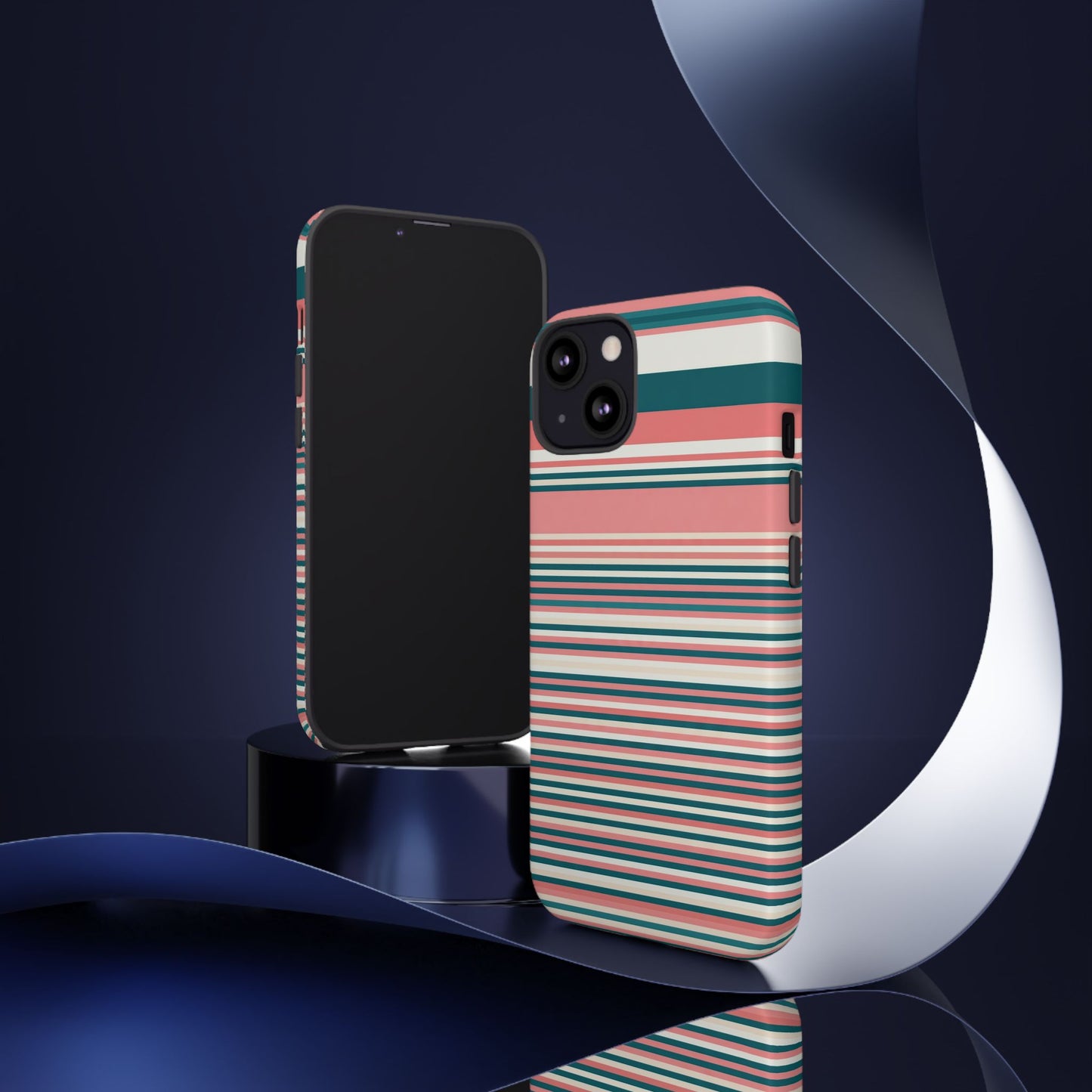 Striped Tough Phone Case — Coral, Teal & White Protective Cover