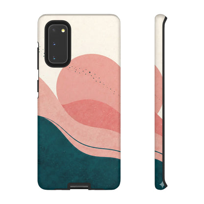 Abstract Sunset Waves Tough Phone Case — Pink & Teal Protective Cover