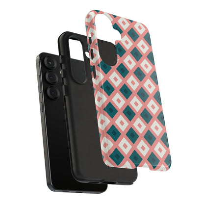 Geometric Diamond Pattern Tough Phone Case — Retro Pink & Teal Protective Cover