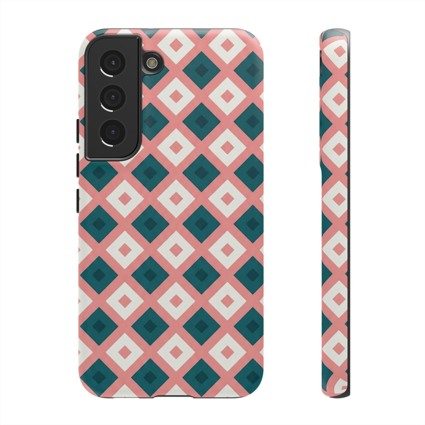Geometric Diamond Pattern Tough Phone Case — Retro Pink & Teal Protective Cover
