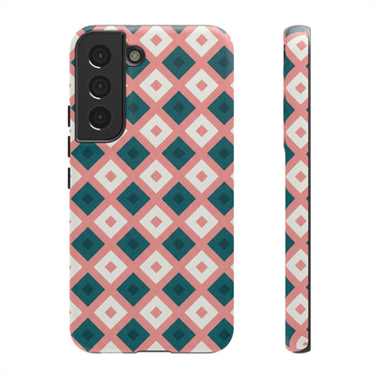 Geometric Diamond Pattern Tough Phone Case — Retro Pink & Teal Protective Cover