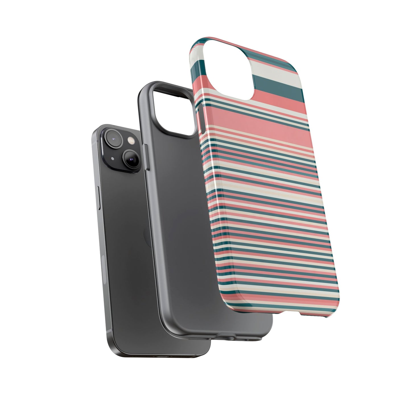Striped Tough Phone Case — Coral, Teal & White Protective Cover
