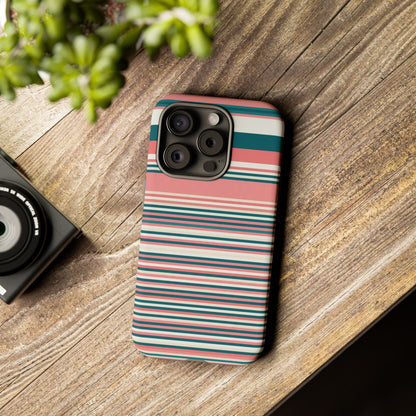 Striped Tough Phone Case — Coral, Teal & White Protective Cover