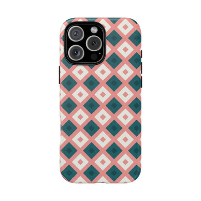 Geometric Diamond Pattern Tough Phone Case — Pink & Teal Protective Cover