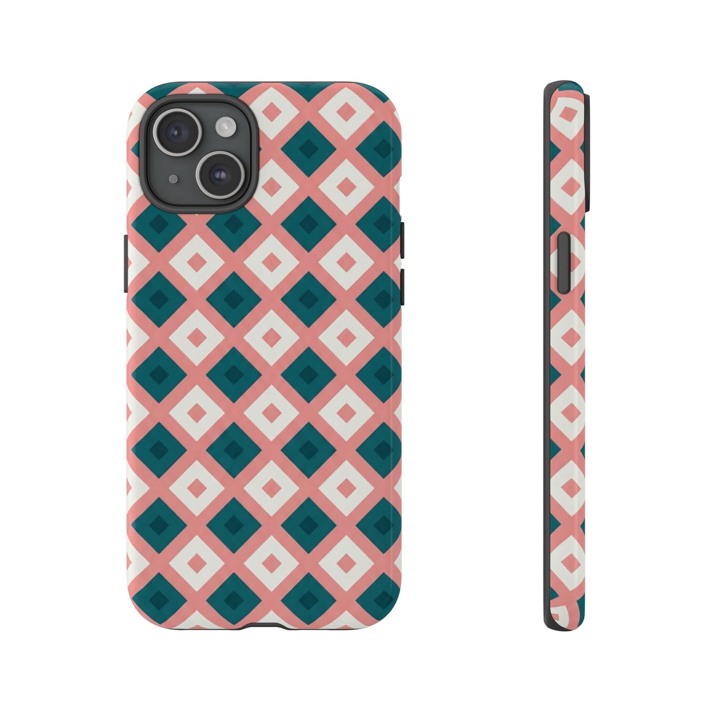 Geometric Diamond Pattern Tough Phone Case — Pink & Teal Protective Cover